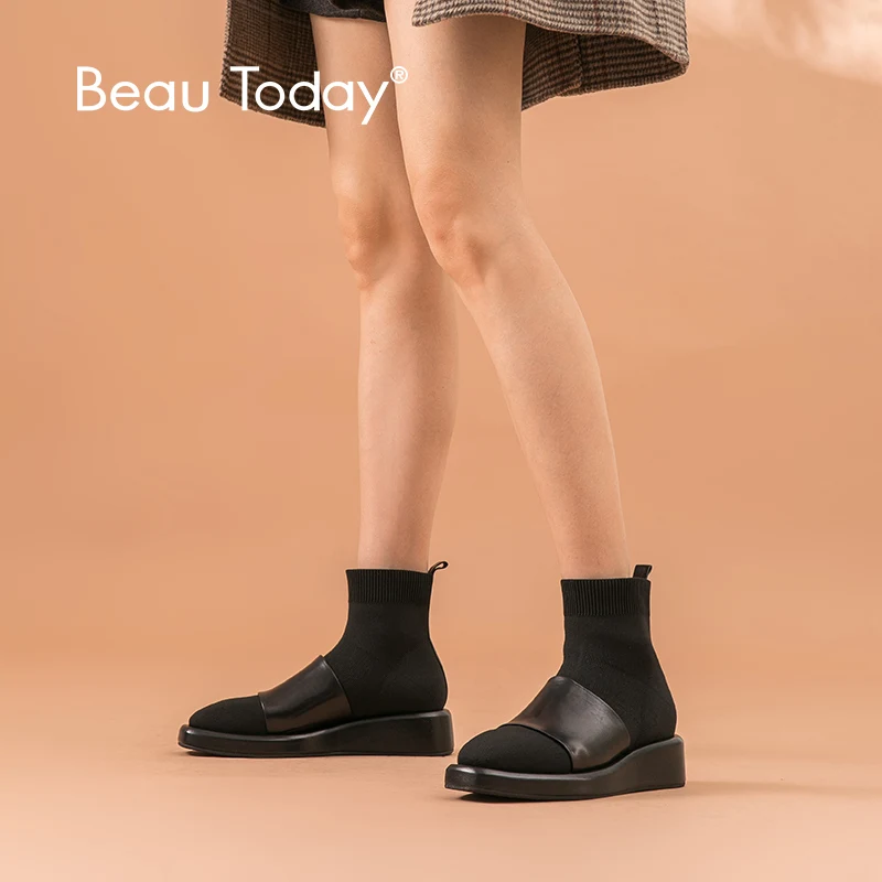 BeauToday/женские сапоги-носки из натуральной телячьей кожи с квадратным носком без застежки; сезон осень-зима; женские ботильоны ручной работы;...