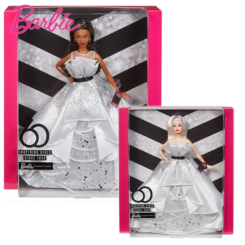 Настоящая кукла Барби черная этикетка ограниченная 60-я Юбилейная серия Серебряное платье подарки на день рождения для девочек FXD88
