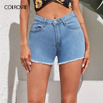 

COLROVIE Blue Button Fly Frayed Edge Skinny Denim Shorts Women 2020 Summer Pocket Detail Mid Waist Casual Solid Stretchy Shorts