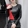 2022 Autumn Winter Long Sleeve Women's Blouse Patchwork Colors Plus Size Shirt Women Elastic Warm Velvet PU Leather Female Tops ► Photo 2/6