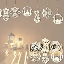 

10pcs Eid Mubarak Decorative Wood Chip Pendant Ramadan Dropping Mosque Shape Hanging Ornaments Hajj Kareem Eid Al-Fitr Decor