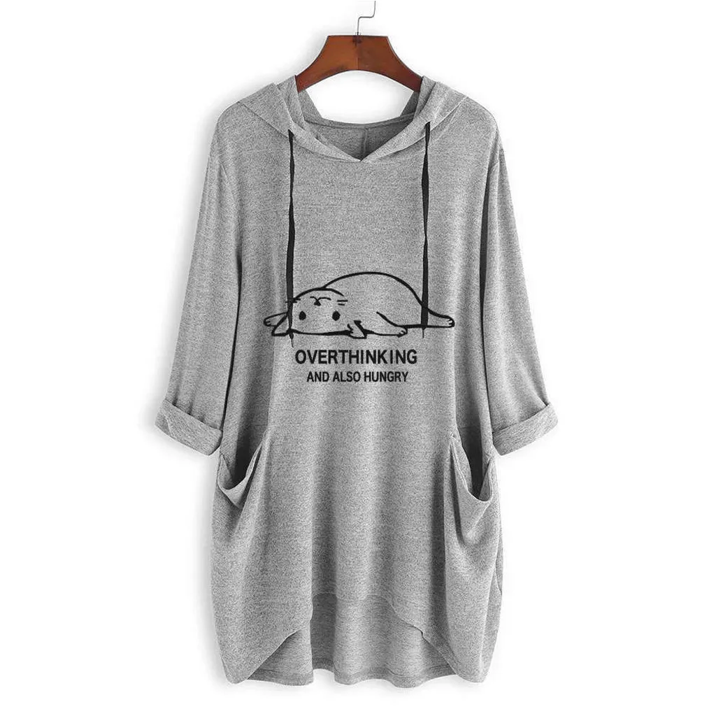 Gray A T Shirt Women Hooded Ear Cat Print Long Sleeve Tshirt Fashion Casual Loose Winter Pullover Femme Top Mujer Plus Size 19Jul - Цвет: Gray A