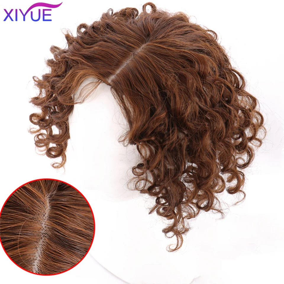 Black Brown Curly Hair Top Toupee Clip In Synthetic Hair Extensions Replacement Closure Hairpiece Cover the White Hair Hairpiece