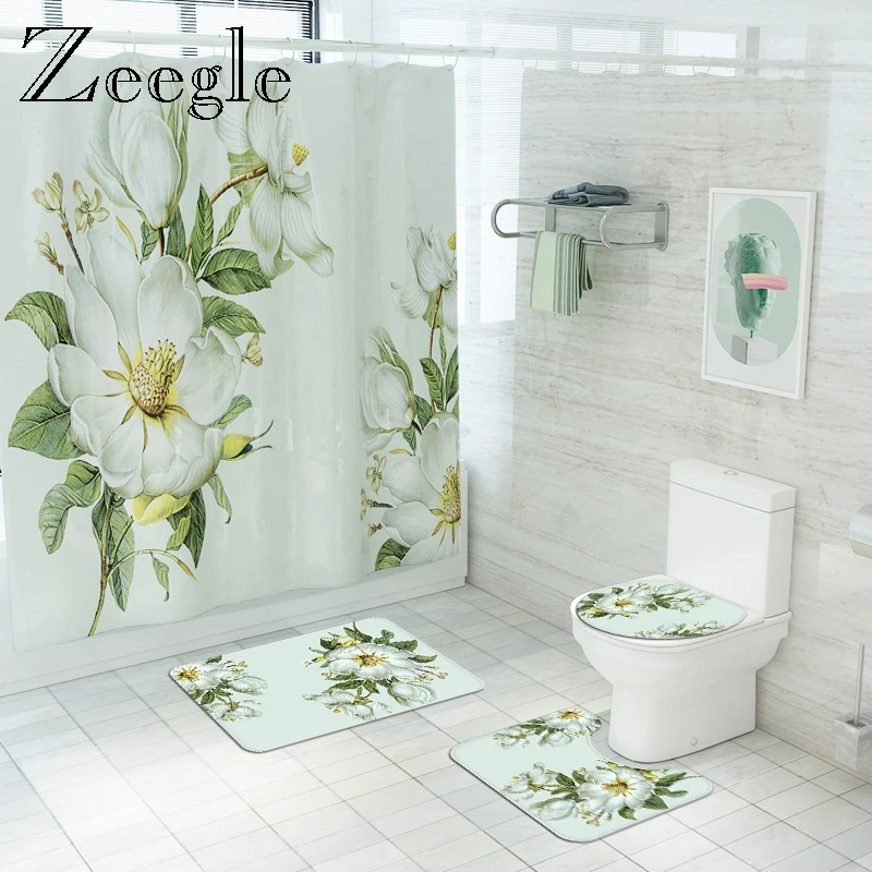Floral Bathroom Carpet Shower Room Toilet Floor Mat Toilet Seat Cover Mat Bathroom Non-Slip Carpet Mat Set with Shower Curtain