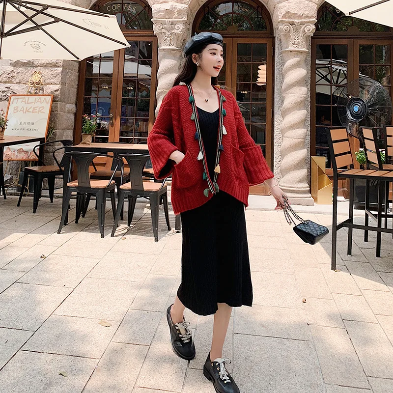 

Photo Shoot Knitted Sweater Cardigan Coat Female Autumn New Style Loose-Fit Laziness Wind Spring And Autumn Outdoor Two-Piece Se
