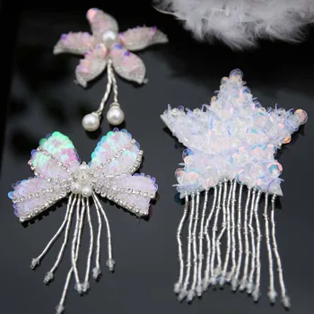 

2pieces/lot White Tassel Flower Cloth Sticker Fashion Earrings Accessories Sequined Bow Star Badge Embroidery Patch RS2648