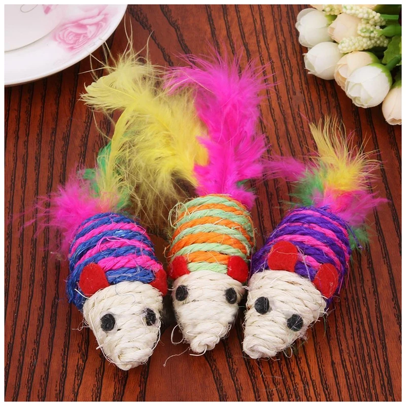 HLZS-10pcs Милая мышь ребристые погремушки кошка питомец сизаль Веревка плетеная игрушка Дразнилка для котенка игрушки