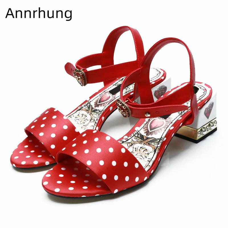 

Red Heart Printed Sandals Sweet Polka Dot Party Shoes Woman Peep Toe Chunky Block High Heels Crystal Decor Gladiator Sandals