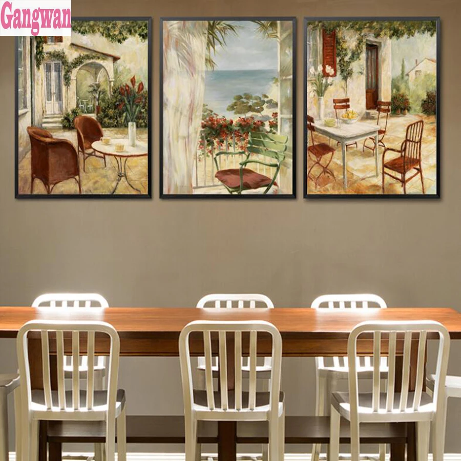 Retro Seaside Garden Dining Table 5d diy 3 pcs diamond painting Patterns Cross Stitch Full Round embroidery wall decor | Дом и сад