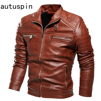 

autuspin Winter Thick Coats Mens PU Leather Fashion Jacket Stand Collar Zipper Pockets Jackets Windproof Clothing Black Brown