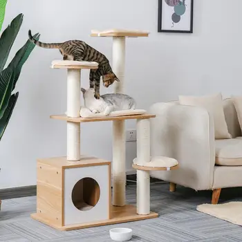 

Fast Delivery Pet Cat Tree Tower Condo Wood Scratcher with Scratching Post for Cats Climbing Tree Toys Protecting Furniture Nest