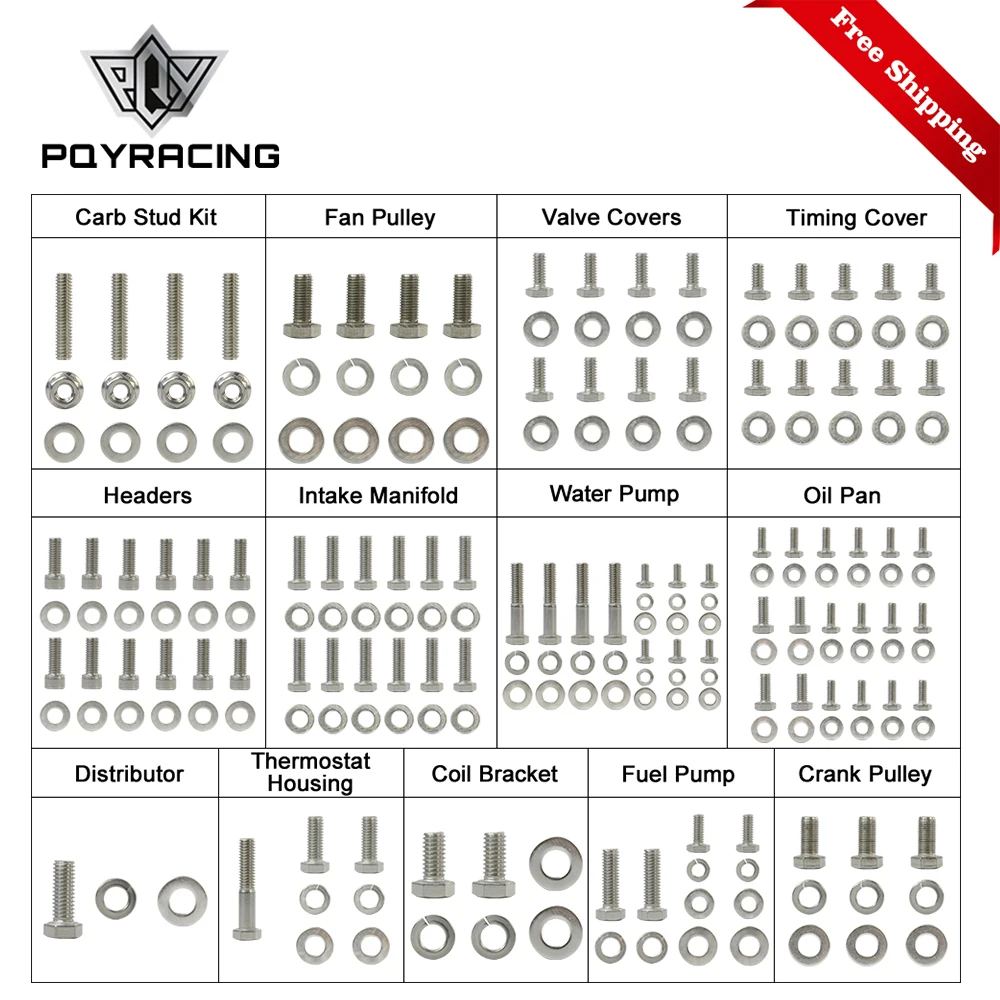 Free Shipping Small Stainless Block For Chevy SBC 265 283 302 305 307 327 350 400 Engine HEX Bolt Kit 211Pcs Nuts & Bolts EMK01