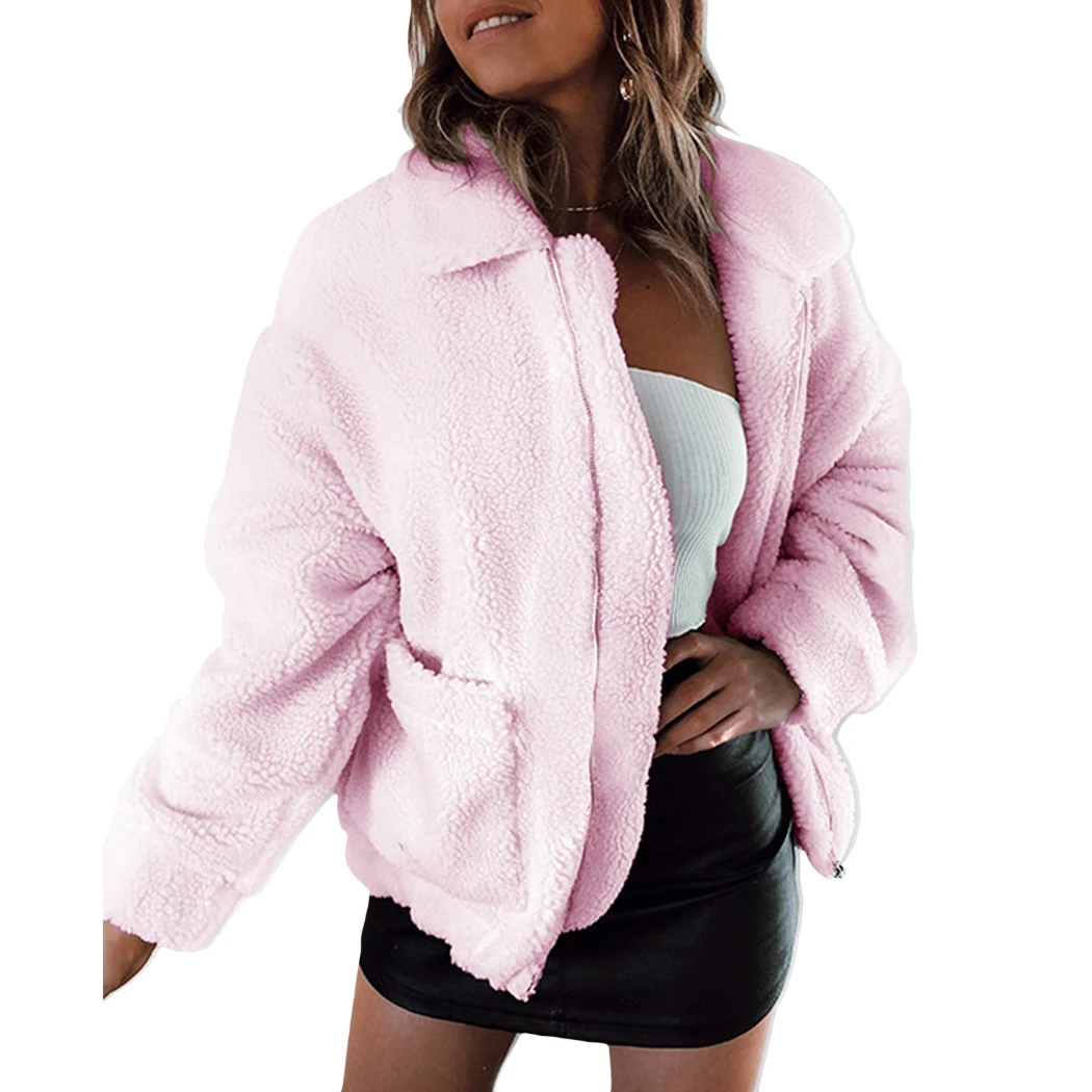 Light Pink Пушистые теплые плюшевые пальто с искусственным мехом Для женщин осенняя зимняя куртка Верхняя одежда на молнии, пальто с карманами большие размеры, S-3XL пальто 8 видов цветов - Цвет: Light Pink