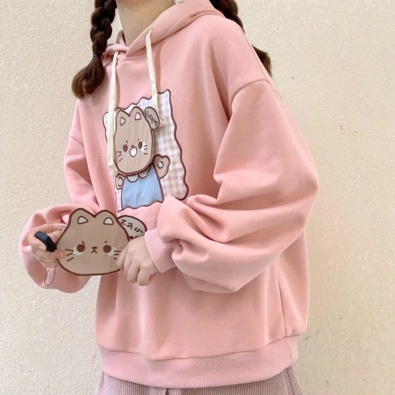 Милая японская толстовка с капюшоном для подростков женская одежда Kawaii Cat Графический плед розовые толстовки Весна корейский милый аниме женский свитер