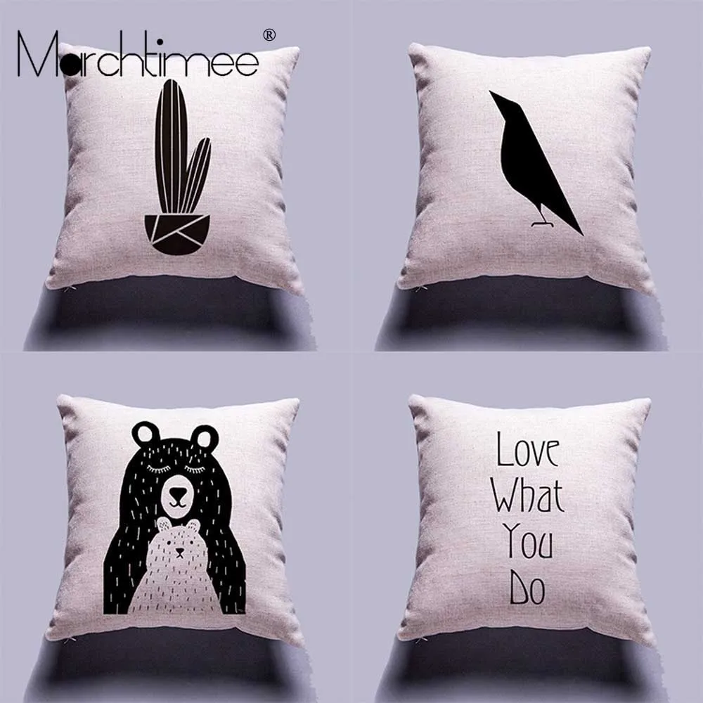 

Black Letter Bear Cushion Cover Bird Linen Sofa Car Waist Throw Fashion Parent-child Shams Cover