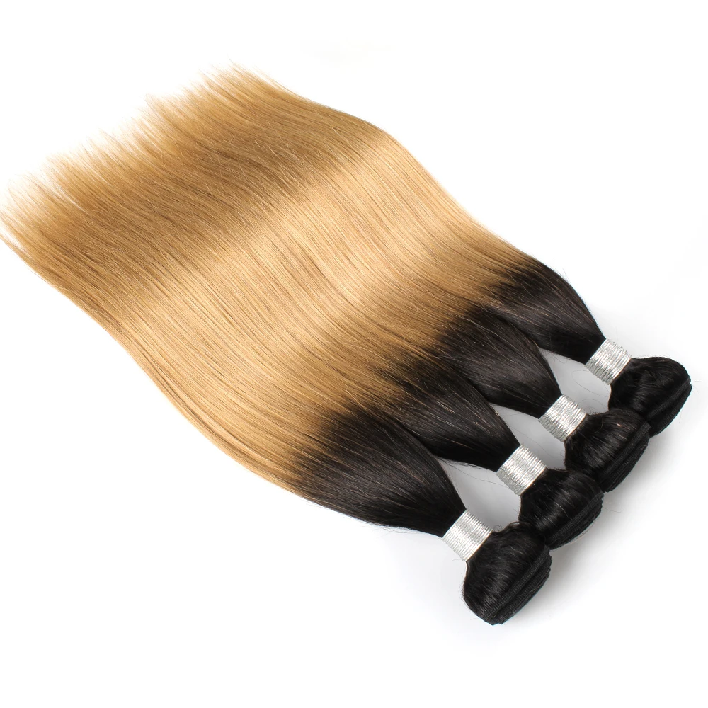 Kisshair T1B27 straight hair bundles 2 tone ombre honey blonde hair with dark roots pre-colored Brazilian human extension