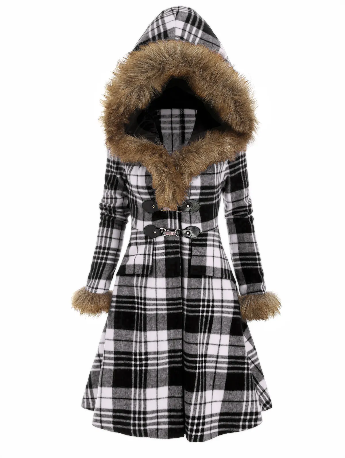 ROSE GAL, женское клетчатое пальто с капюшоном, шапка из искусственного меха, длинные рукава, широкая талия, винтажное длинное пальто, женская верхняя одежда, осень-зима