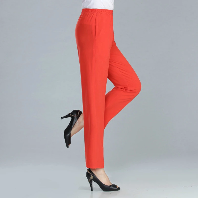 Женские брюки среднего возраста на лето и весну, элегантные однотонные брюки с высокой талией, повседневные Прямые брюки, Pantalon Femme размера плюс 4XL