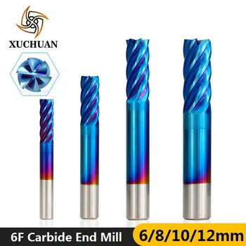 

1pc Diameter 6-12mm 6 Flute Spiral End Mill Super Nano Blue Coated CNC Router Bit HRC 55 Tungsten Carbide End Milling Cutter