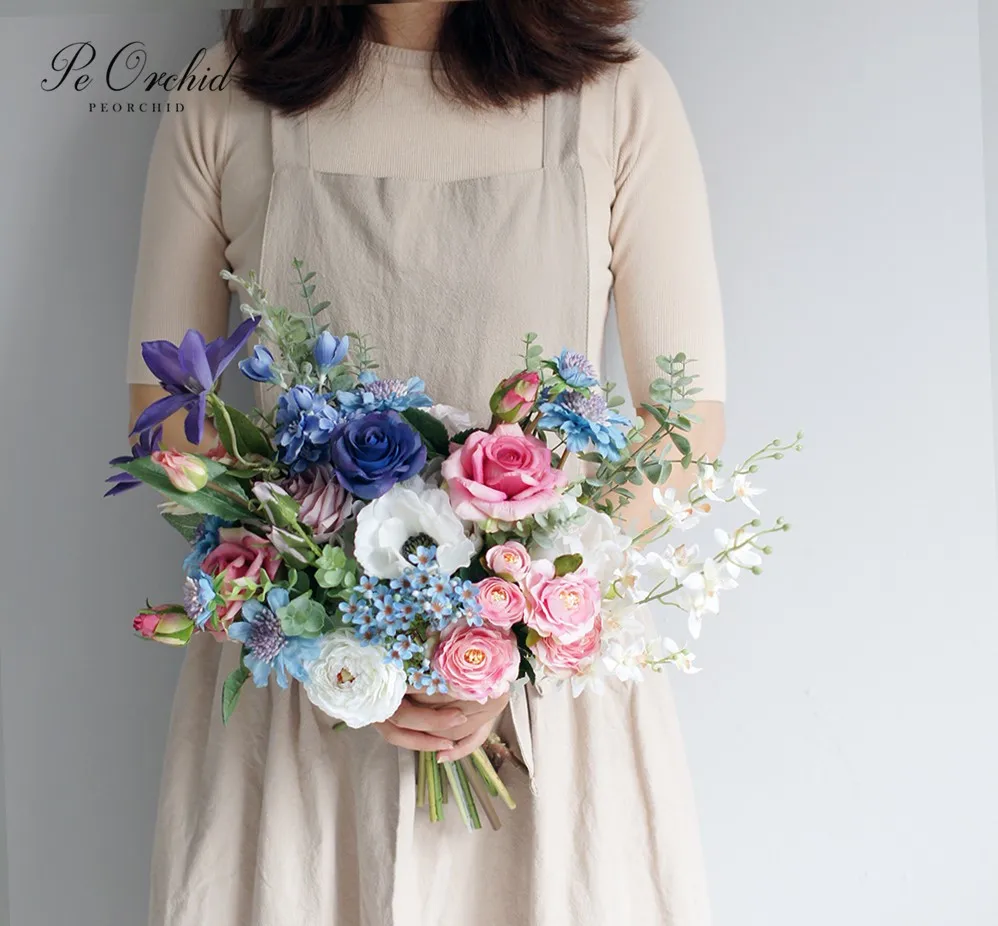 PEORCHID Blue Wedding Bouquet For bride Ramos De Novia New Artificial Bridal Rose Pink flower Bouquet Decoration