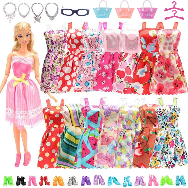 

40 Item/Set Doll Accessories=10 Mix Fashion Cute Dress+ 5 Glasses+ 4 Necklaces+1 Handbag+5 Hairs Of Shoes+10 Hangers For Barbies