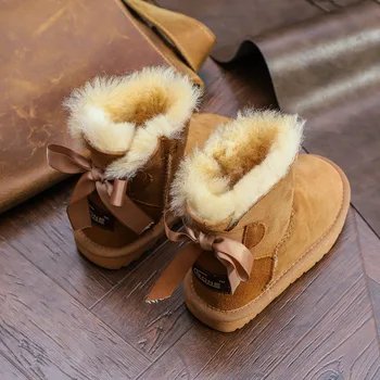 

Kids Snow Boots Butterfly Knot Girls Boots Warm Parent Children Winter Shoes Genuine Leather Princess Shoes Botte Enfant Fille