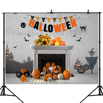 

Lyavshi Halloween Photography Backdrop Graffiti White Brick Wall Pumpkin Sunflowers Decoration Party Photo Background Studio