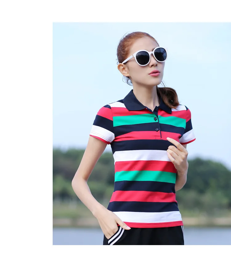 Ruoru M-6XL large size muticolor striped polo shirt women summer spring polo women short sleeve polo femme polo shirt