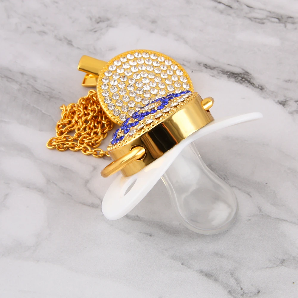 Bling синий цвет Корона Стразы белый ребенок пустышка Клип FDA одобрено для ребенка 0-18 месяцев