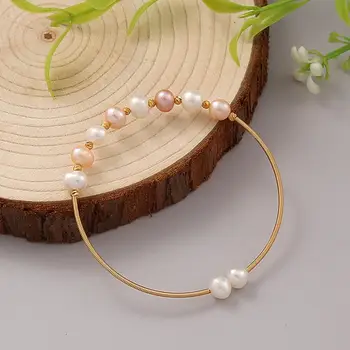 

Handmade Real Freshwater Pearl Bracelet for Women Gold Wire Strings Bangle white/pink Pearl Open Bracelet Gift 2020 NEW