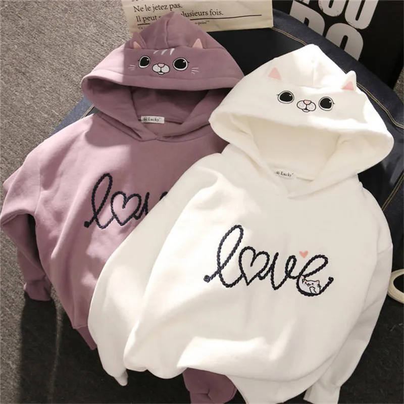 Kawaii милый Кот толстовки для женщин плюс размер длинный рукав спортивный костюм приталенные пуловеры Moletom Домашняя одежда Женская толстовка Забавная девушка