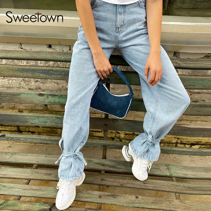 Женские повседневные джинсовые брюки Sweetown корейский стиль винтажный джинсовый