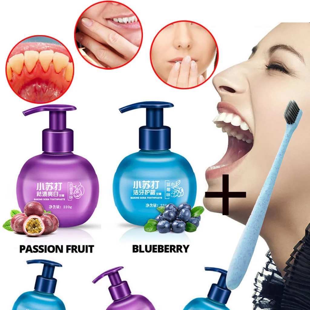 

220g Baking Soda Toothpaste With Toothbrush Stain Removal Whitening Toothpaste Blueberry Passion Fruit Remove Tooth Stains #q