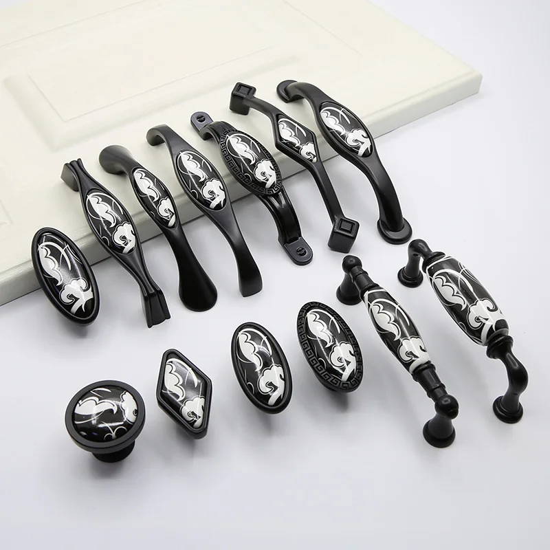 

4 Pcs/Lot Wardrobe Handle Modern Simple Black Ceramic Cabinet Drawer Marble Grain Thickened American Door