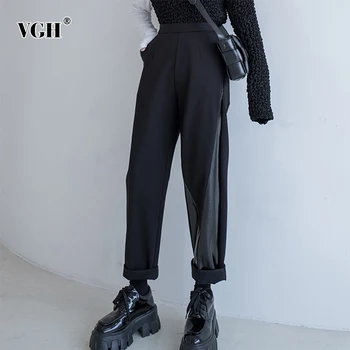 

VGH Casual Asymmetrical Women Full Length Pants High Waist Patchwork PU Leather Irregular Wide Leg Pant For Female Clothing Tide