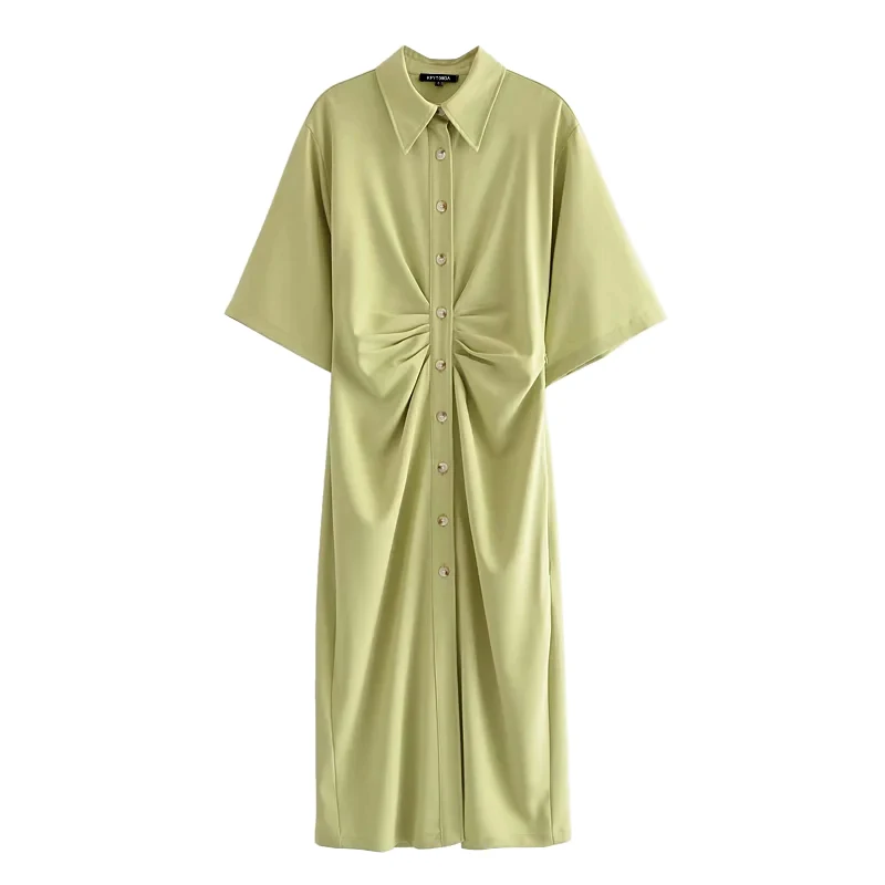 KPYTOMOA Women 2021 Chic Fashion Button-up Draped Midi Shirt Dress Vintage Short Sleeve Side Zipper Female Dresses Vestidos