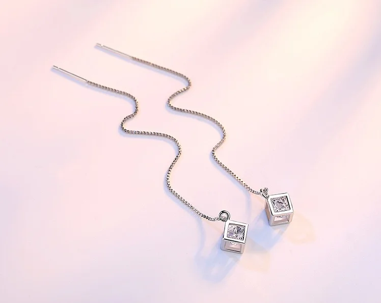 925 Sterling Silver Cube Love Window Zirconia Sugar Drop Earrings Box Chain Long Tassel Earrings dangle earrings drop earrings long earrings crystal tassel earrings