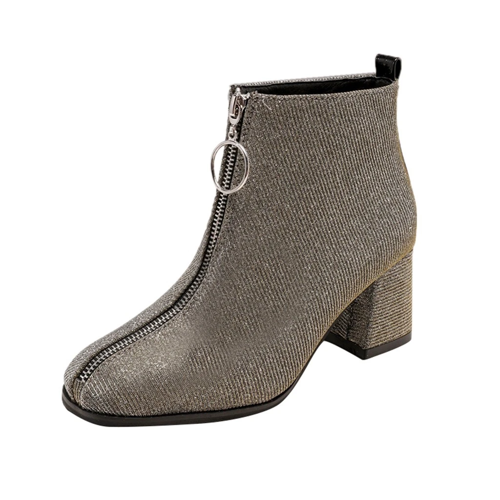 

SAGACE Women Front Zipper Boots Fashion Square Root Heels Plus Velvet Sequined Special High Heel Shoes Woman Boots 112