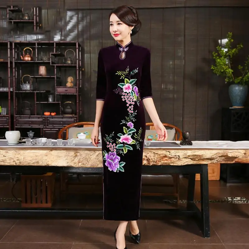 Китайское женское современное платье Qipao большого размера 3XL 4XL сексуальное длинное платье Чонсам с вышитым цветком велюровое Vestidos Вечернее платье - Цвет: StyleA 3