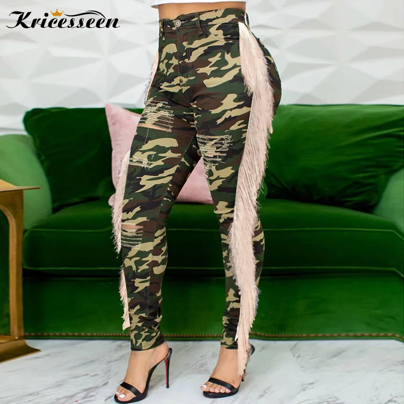 

Kricesseen Casual Plus Size Camouflage Printed Hole Distressed Tassel Jeans Women Long Pant High Waist Skinny Trousers