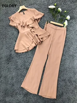 

High Quality Designer Clothing Sets 2020 Summer Women Ruffle Sexy Tops Shirt+ Full Length Pant Sets Casual Work Suits 2 Piece
