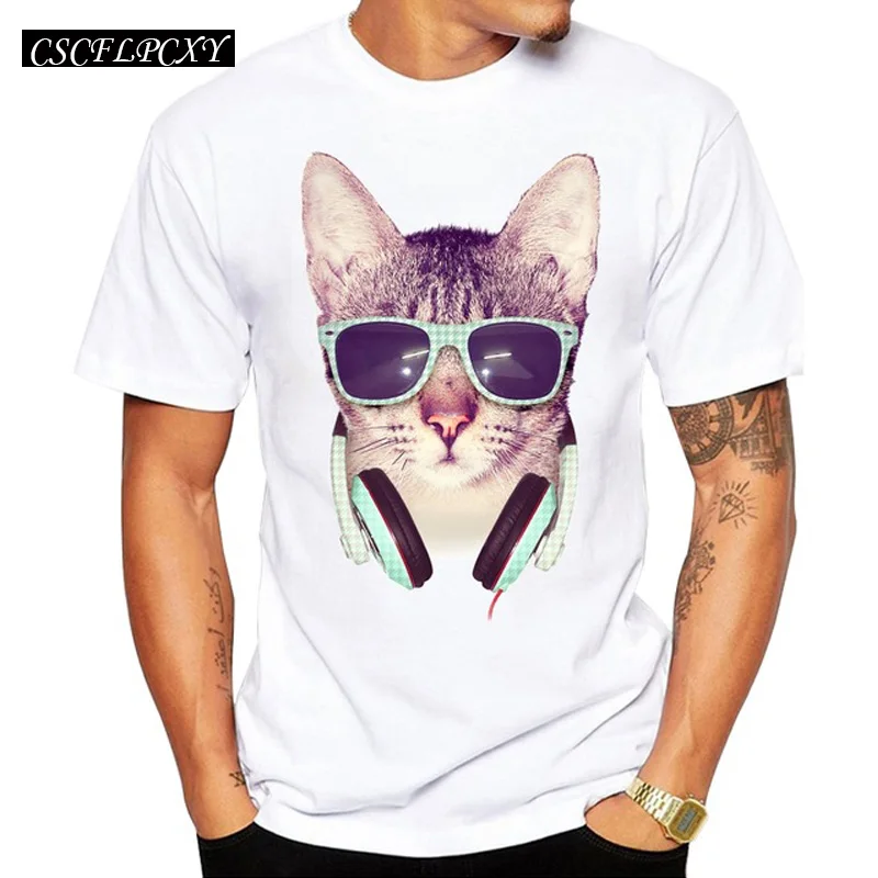 

2019 COOL CAT Men T-Shirt Short Sleeve Casual T Shirt Hipster Retro Music Cat Printed Tee O-Neck Summer Tops