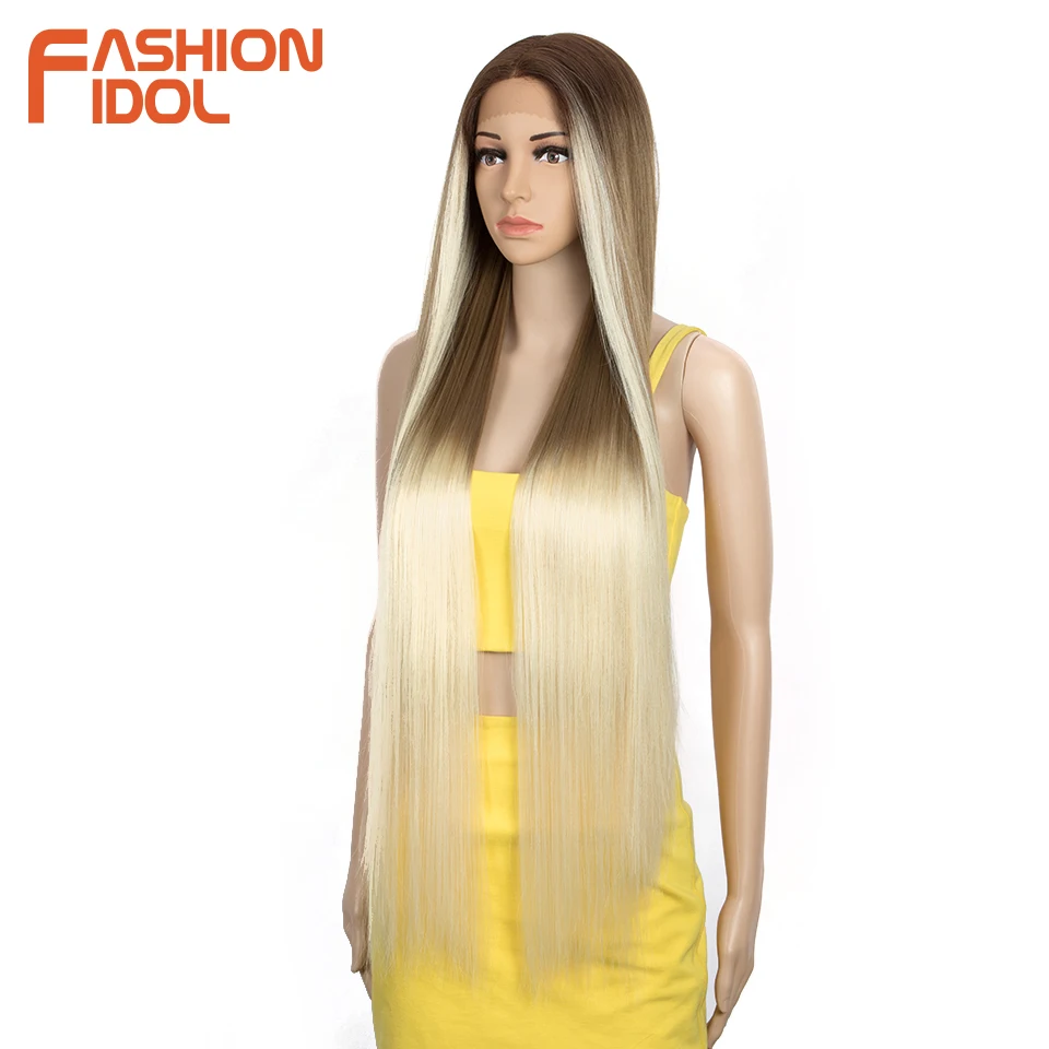 38 inch Straight Hair Synthetic Lace Front Wigs For Women High Temperature Fiber Ombre Blonde Highlight Cosplay Wig FASHION IDOL