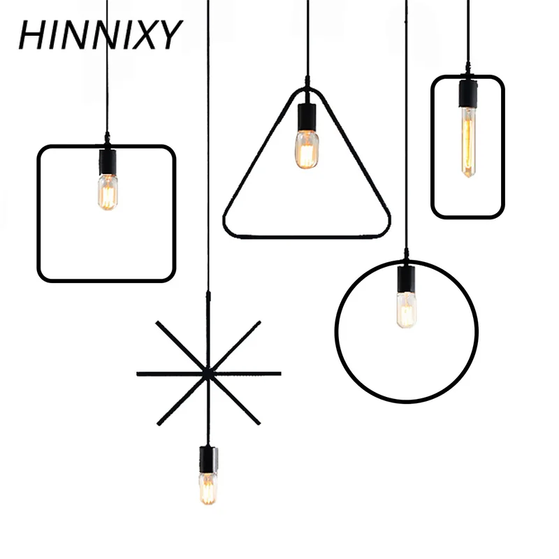 

Hinnixy Iron Pendant Decoration Lamp E27 110V 220V Black Round Triangle Cross Square Droplight For Foyer Room Ceiling Mounted