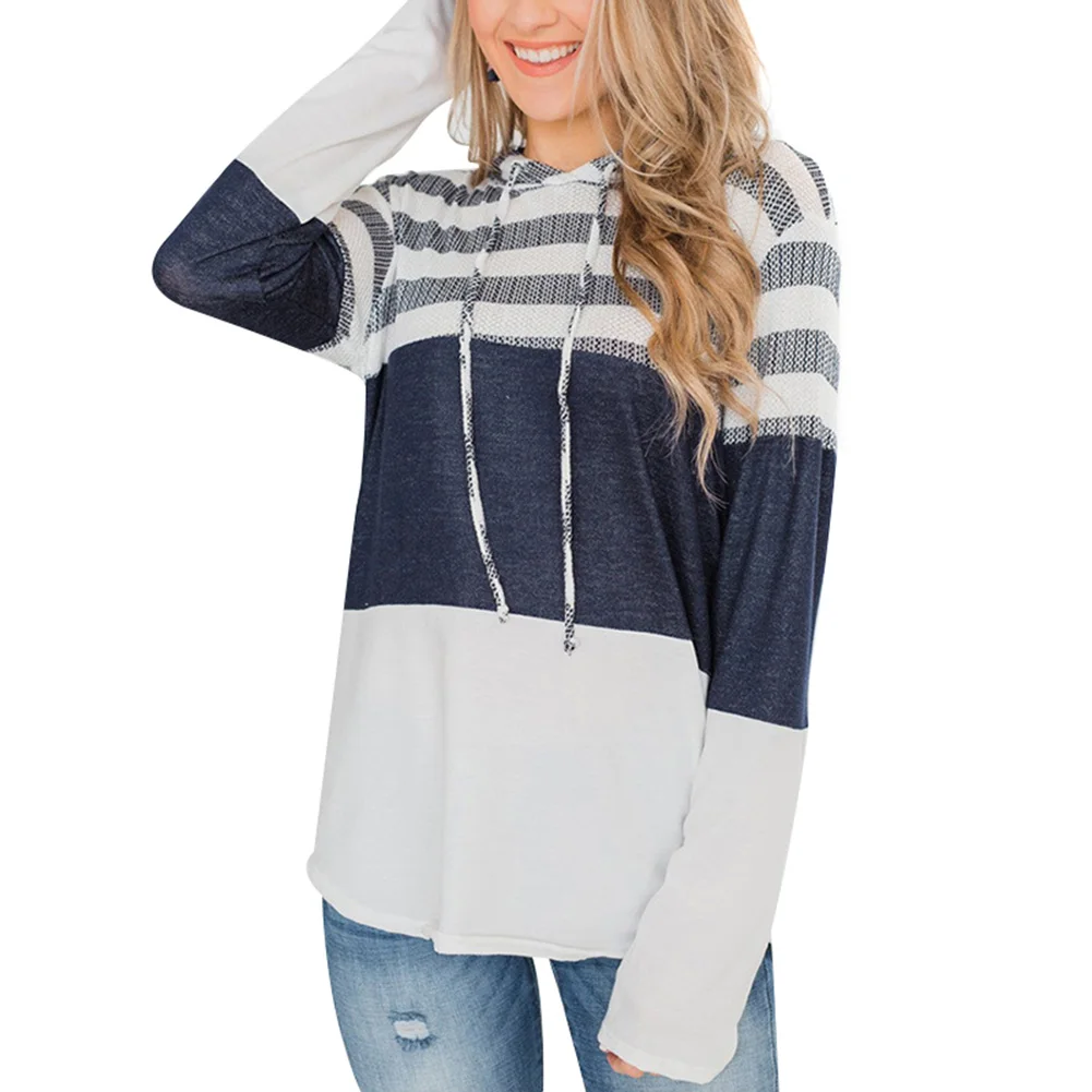 Белый Women Hoodies Loose Pullover Long Sleeve Contrast Color Stripes Spring Autumn Sweatshirt Top BB55 - Цвет: Белый