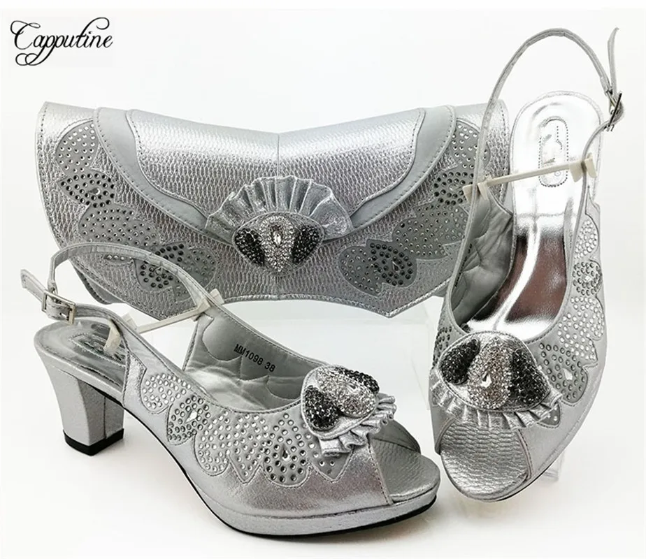 

Hot sale silver color high heel pump shoes and handbag set with rhinestones MM1098, heel height 6.5cm