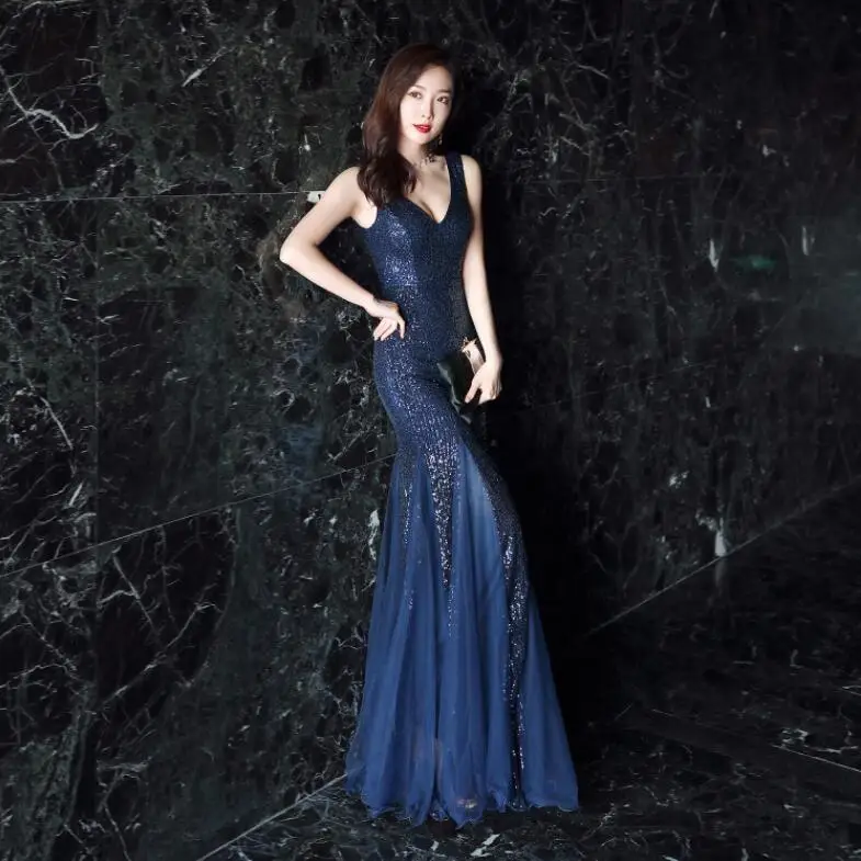AE478 Robe De Soiree сексуальные с v-образным вырезом Длинные элегантные вечерние платья Русалка присборенные вечерные одежды без рукава Винтаж - Цвет: Тёмно-синий
