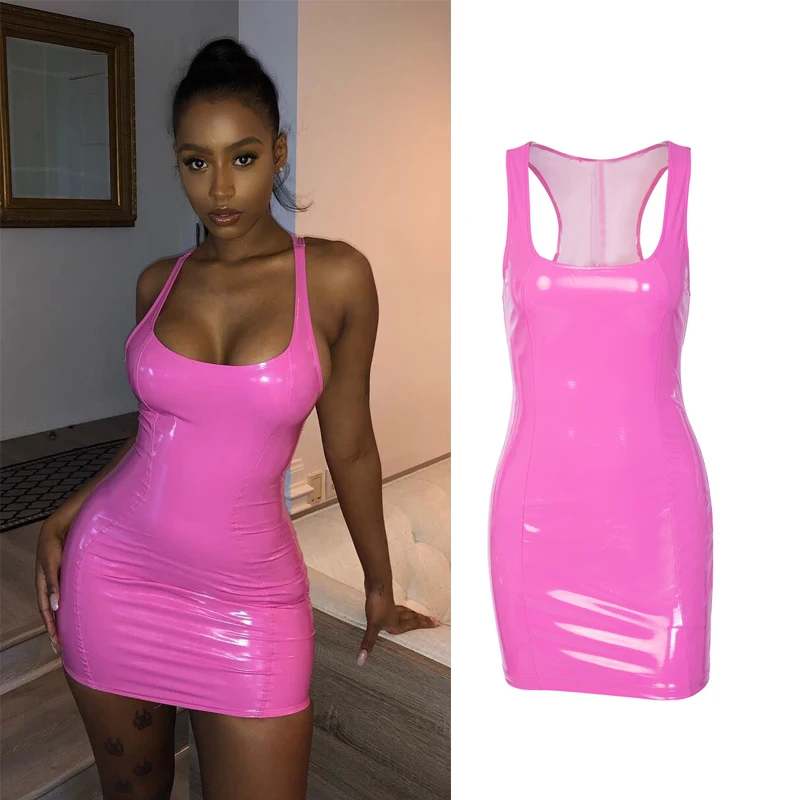 pink leather bodycon dress