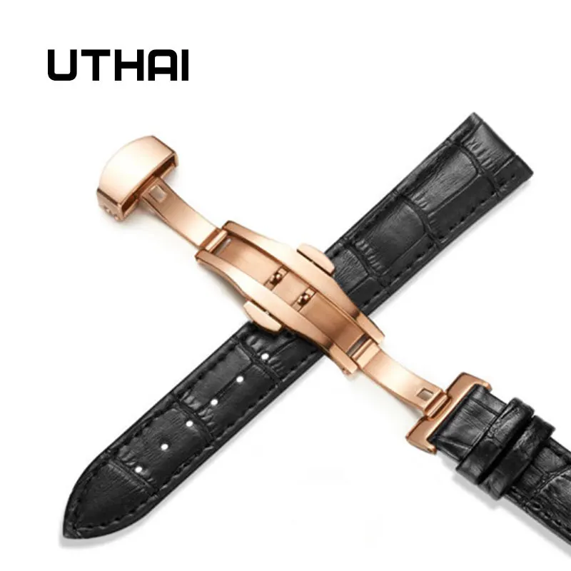 Rosegold-black UTHAI Z09 плюс Натуральная кожа Ремешки для наручных часов 12-24 мм Универсальные часы Бабочка Пряжка группа сталь Пряжка ремешок наручный ремень браслет - Цвет ремешка: Rosegold-black