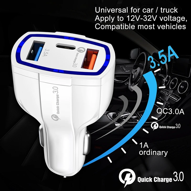 QC3.0 5 V/3.5A 2 USB порта+ 1 type c автомобильное зарядное устройство адаптер Быстрая зарядка 2,0 type-C Быстрая зарядка для iPhone Xiaomi samsung и т. Д